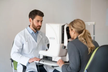 Médico utilizando un tonómetro automático sin contacto en una clínica oftalmológica