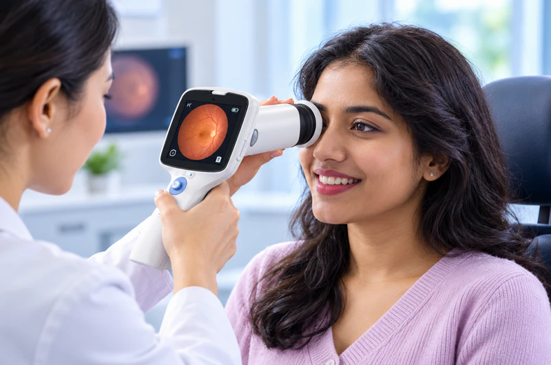 Healthcare professional performing portable retinal screening with handheld fundus camera