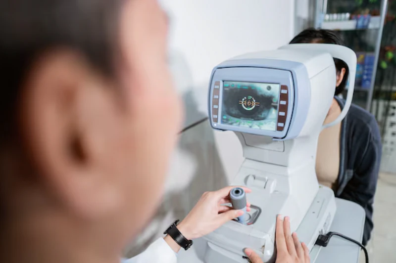 Tonometer measuring intraocular pressure in an eye clinic